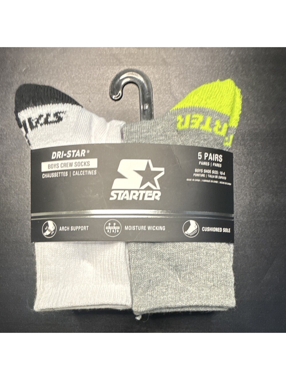 Starter Boys Crew Socks 5 Pairs Moisture Wicking Arch Support Cushioned 10C-4K
